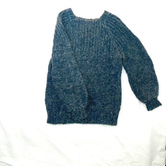 Hand Knit Sweater Womens Crew Neck Knit Cuff Metallic Thread Blue Silver - Picture 11 of 14
